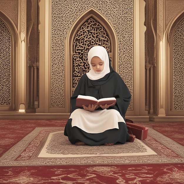 Eine muslimische Frau mit dem heiligen Koran in Moscheenillustrationen ai Bild