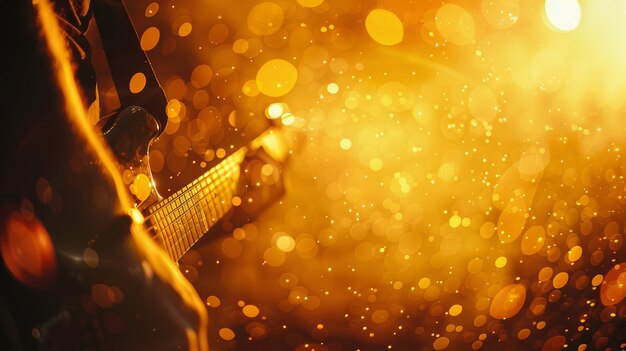 eine Mutter spielt Gitarre mit goldenen Bokeh-Lichtern im Hintergrund