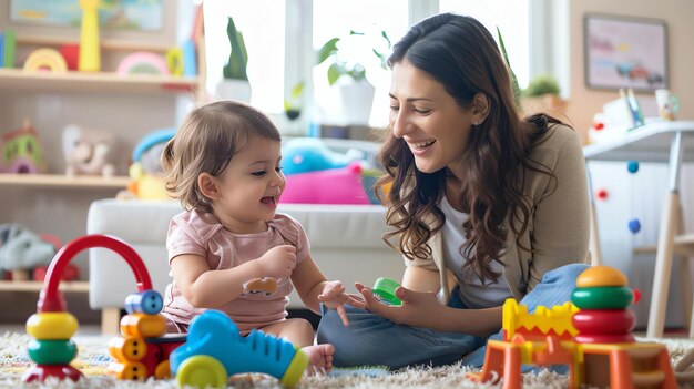 Eine Mutter spielt mit ihrem Baby im Wohnzimmer, sie lächeln und lachen beide, um sie herum sind Spielzeuge verstreut.