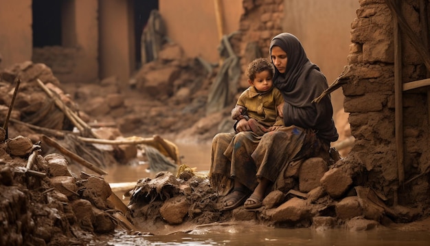 eine Mutter und ein Kind sitzen auf den Ruinen