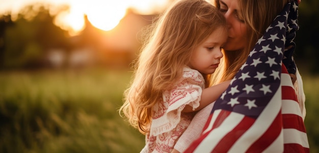 Eine Mutter und ein Kind umarmen sich auf einem Feld mit der amerikanischen Flagge auf dem Rücken