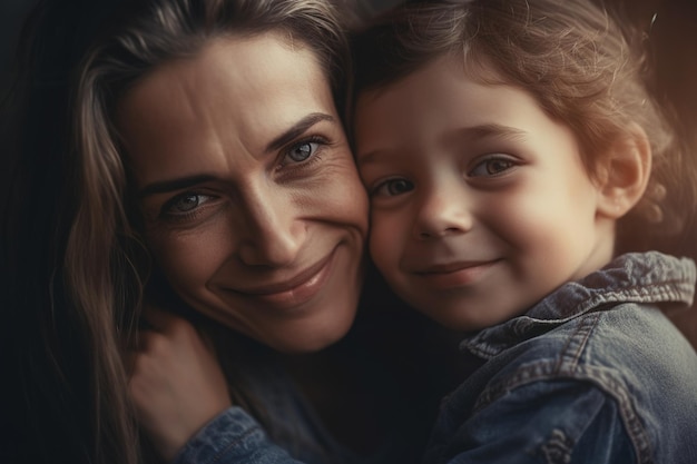 Eine Mutter und ein Kind umarmen sich und lächeln