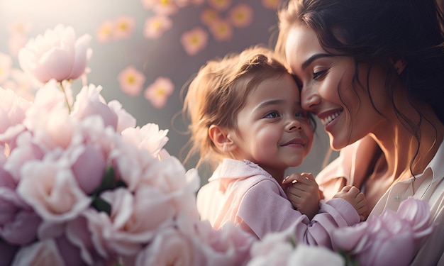 Eine Mutter und eine Tochter halten Blumen vor einem Hintergrund aus rosa Blumen.