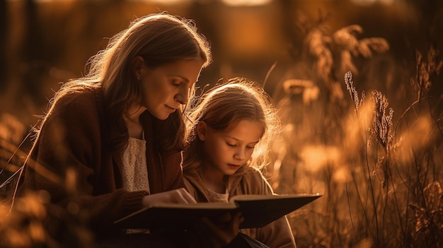 Eine Mutter und eine Tochter lesen ein Buch auf einem Feld.
