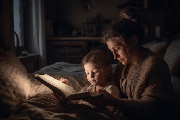 Eine Mutter und eine Tochter lesen im Bett ein Buch.