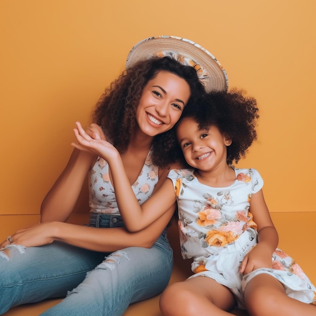 Eine Mutter und eine Tochter sitzen auf einem gelben Hintergrund