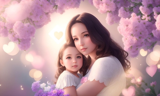 Eine Mutter und eine Tochter umarmen sich und das Wort Liebe steht auf der Vorderseite des Bildes.