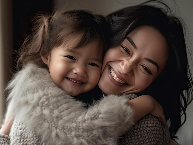 Eine Mutter und eine Tochter umarmen sich und lächeln in die Kamera