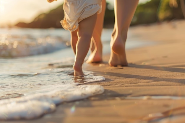 Eine Mutter und ihr Kind gehen am Strand spazieren