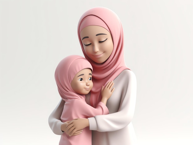 Eine Mutter und ihr Kind halten einen rosa Hijab.