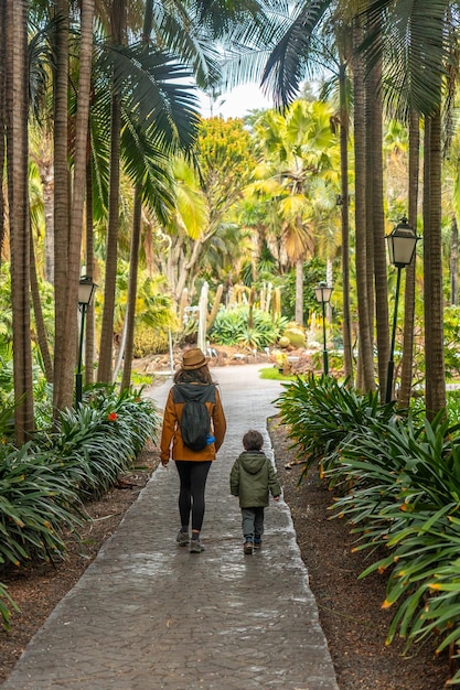 Eine Mutter und ihr Sohn spazieren in einem tropischen botanischen Garten mit vielen Palmen