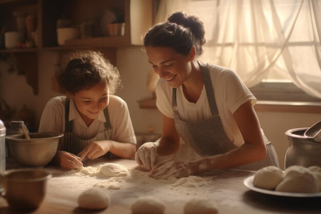 Eine Mutter und ihre Kinder backen zusammen im k 00149 00