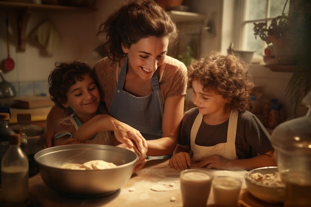 Eine Mutter und ihre Kinder backen zusammen im k 00150 02