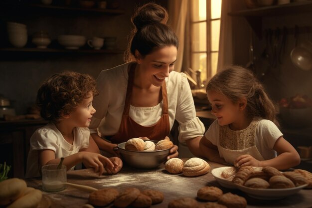 Eine Mutter und ihre Kinder backen zusammen im k 00151 00