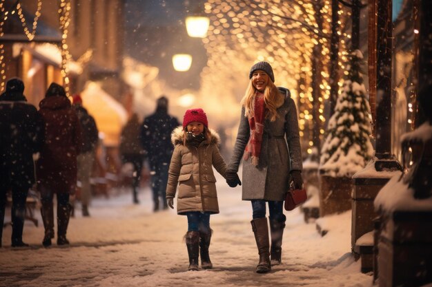 Eine Mutter und ihre Tochter gehen abends in der Stadt vor dem Hintergrund festlicher Lichter und Girlanden durch die schneebedeckte Straße