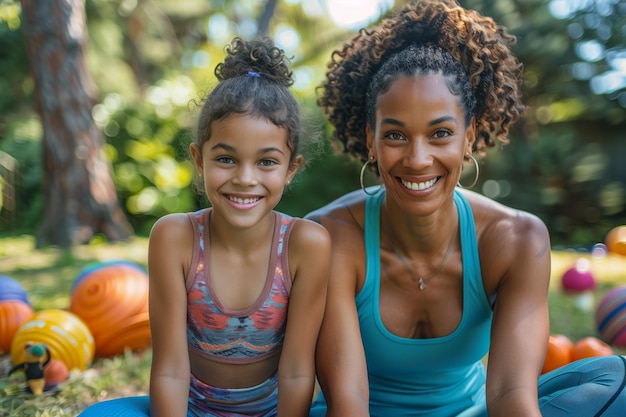 Eine Mutter und ihre Tochter verbinden sich während einer Yoga-Sitzung in einem ruhigen Park, umgeben von na