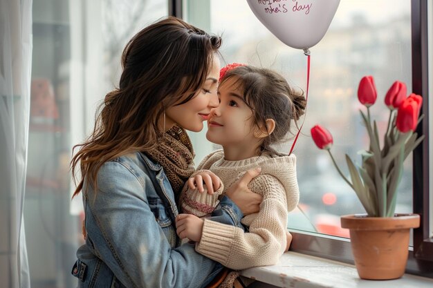 eine Mutter und Tochter, die Ballons mit den Worten Muttertag auf dem Gesicht halten