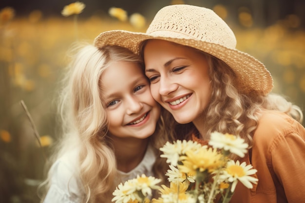 Eine Mutter und Tochter lächeln in einem Blumenfeld