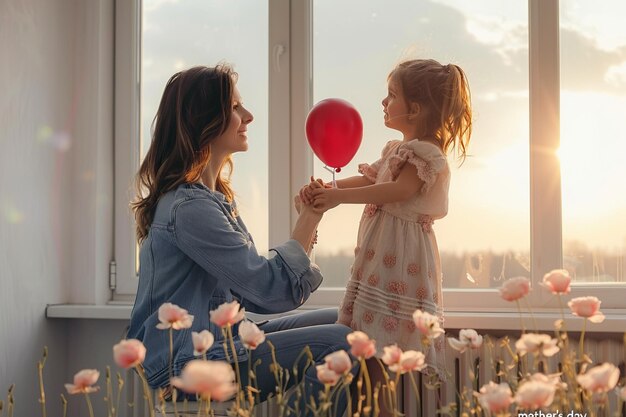 eine Mutter und Tochter schauen in ein Fenster mit einem Ballon im Vordergrund
