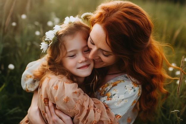 Foto eine mutter und tochter umarmen sich auf einem feld