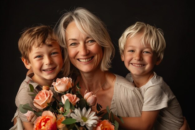 eine Mutter und zwei Kinder posieren mit Blumen