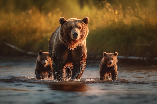 eine Mutterbär und ihre Jungen überqueren einen Fluss.