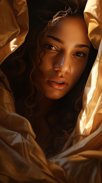 Eine mysteriöse Frau blickt unter einer gemütlichen Decke heraus, ihre Augen sind voller Neugier und Erstaunen.