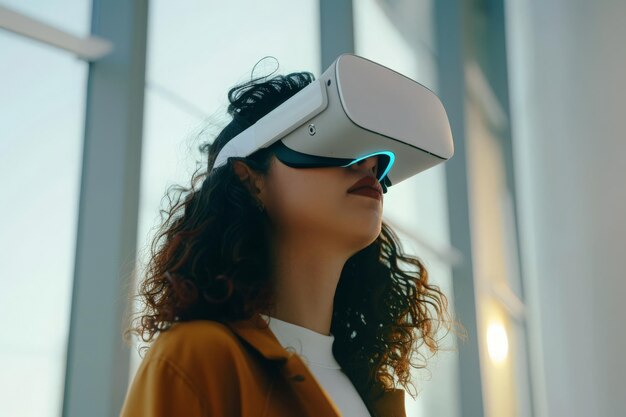 Foto eine mysteriöse frau erkundet eine virtuelle welt durch ein futuristisches vr-headset. ihr gesichtsausdruck ist eine mischung aus ehrfurcht und neugierde.