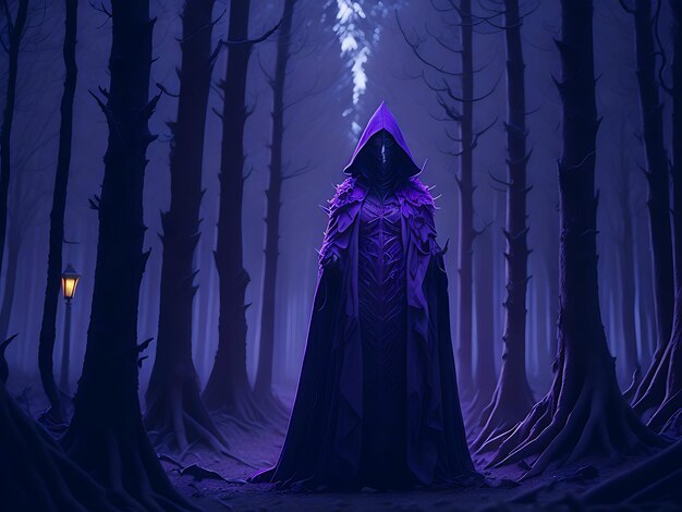 Eine mysteriöse Hexe, die in ein lila Chaos gehüllt ist und in einem dunklen Wald steht, generiert KI
