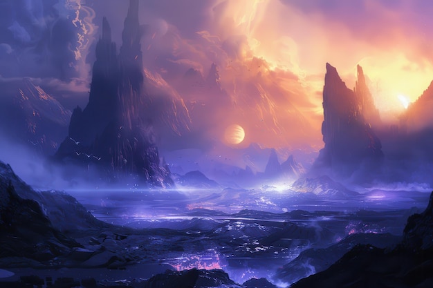 Eine mystische außerirdische Landschaft mit einem leuchtend lila Himmel und einem leuchtenden Mond