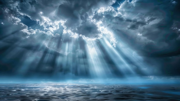 Eine mystische und ruhige Meeresszene die Sonnenstrahlen, die durch die dunklen Wolken brechen und einen dramatischen Effekt erzeugen, Lichtstrahlen erleuchten Teile der ruhigen Meeresoberfläche