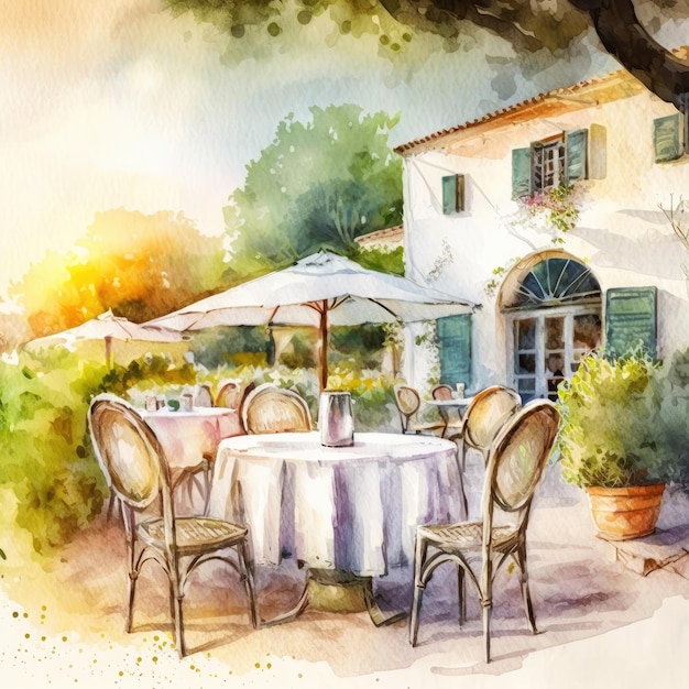 Eine nachbearbeitete Aquarellillustration zeigt ein leeres Restaurantcafé im Freien. Generative KI