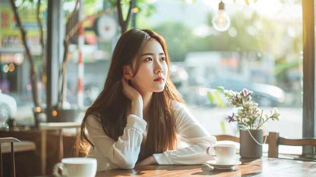 Eine nachdenkliche junge Frau genießt Kaffee in einem gemütlichen Café