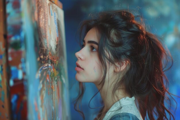 Eine nachdenkliche Malerin mit Farbe auf dem Gesicht steht vor ihrer Leinwand in einer kreativen Umgebung