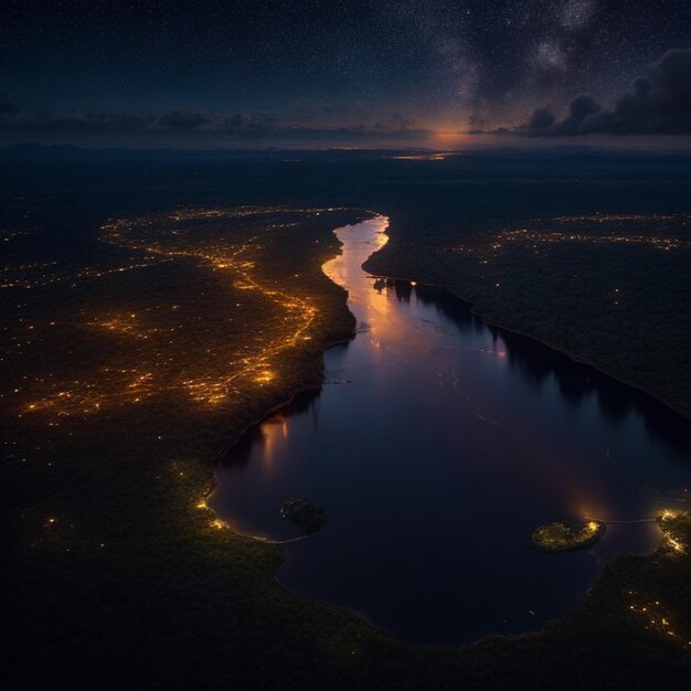 Eine Nachtansicht auf einen Fluss mit angezündeten Lichtern.