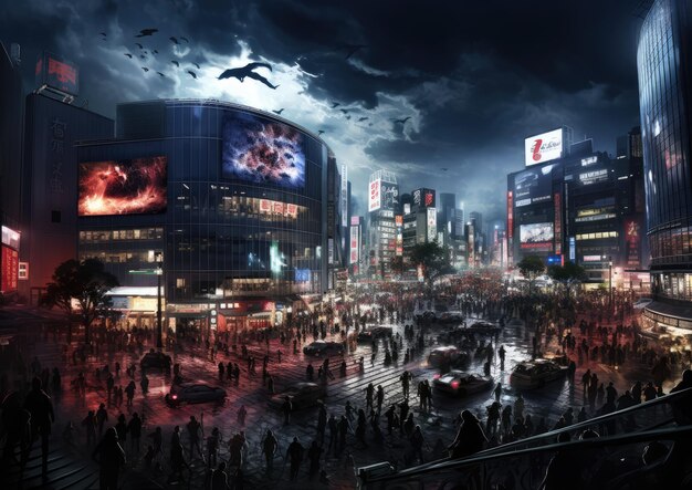 Eine Nachtansicht des geschäftigen Shibuya Crossing in Tokio