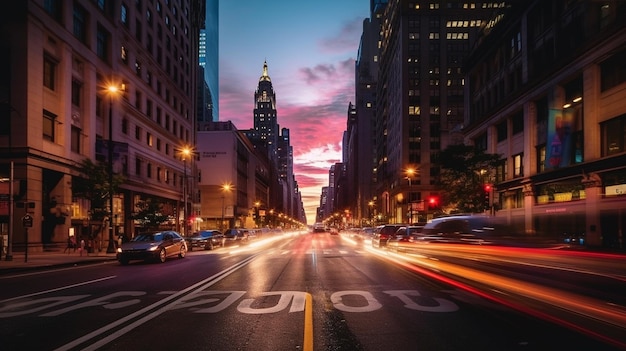 Eine Nachtaufnahme einer New Yorker Straße mit langer Pause, aus einem klaren Himmel gesehen, die Autos hinterlassen Lichtstreifen, KI-generiertes Bild