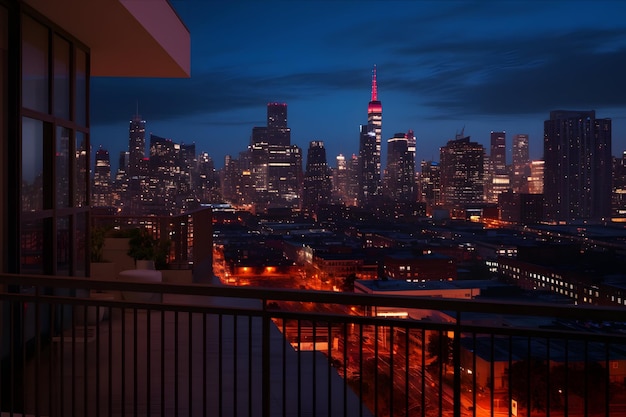 Eine nachts beleuchtete Stadtsilhouette, aufgenommen von einem Balkon aus