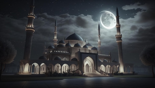 Eine Nachtszene einer Moschee mit Vollmond im Hintergrund