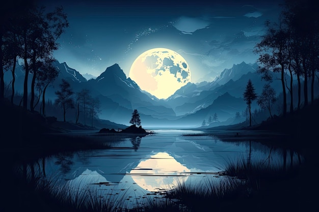 Eine Nachtszene mit Bergen und einem See