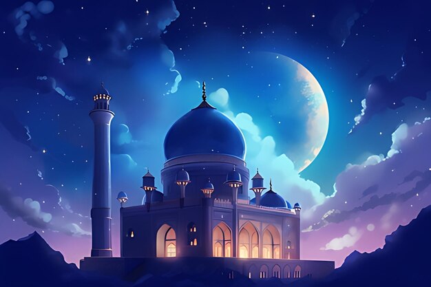 Eine Nachtszene mit einer Moschee und dem Mond im Hintergrund.