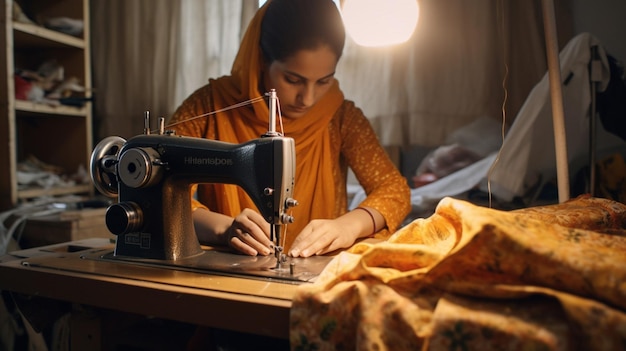 Eine Näherin schneidert an einer Nähmaschine ein Kleidungsstück