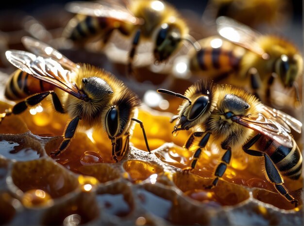 Eine Nahaufnahme der arbeitenden Bienen auf den Honigzellen