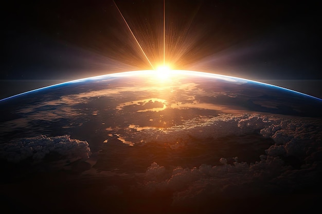 Eine Nahaufnahme der aufgehenden Sonne über einem Globus mit durchscheinenden Lichtstrahlen