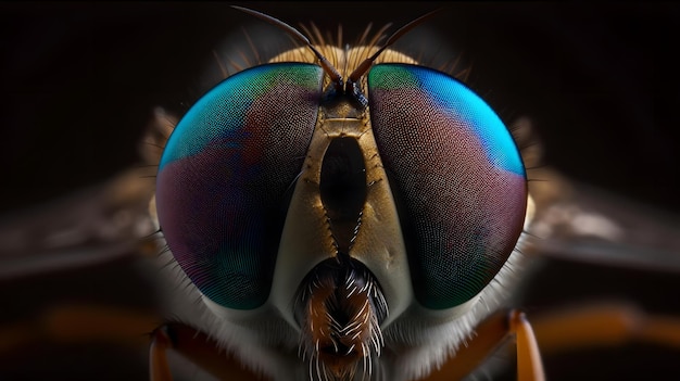 Eine Nahaufnahme der Augen einer Fliege und die Augen sind blau und grün.