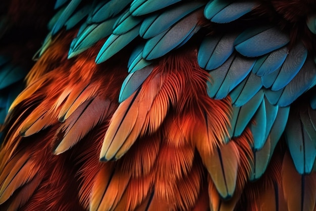Eine Nahaufnahme der Federn eines bunten Vogels mit den blauen und roten Federn.