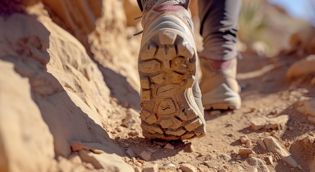 Foto eine nahaufnahme der füße einer person auf einem unbefestigten wanderweg