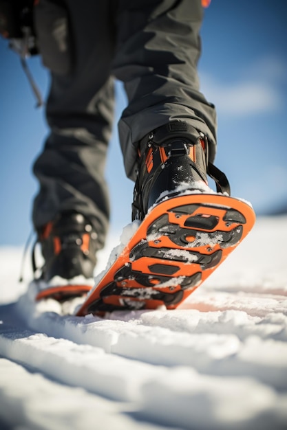 Foto eine nahaufnahme der füße eines snowboarder, der an sein brett gefesselt ist