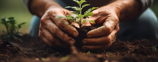 Eine Nahaufnahme der Hände einer Person, die im Garten arbeitet und Pflanzen anbaut. Generative KI