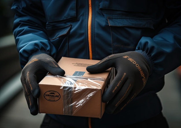 Foto eine nahaufnahme der hände eines kuriers, der ein paket hält, betont die komplizierten details des pakets